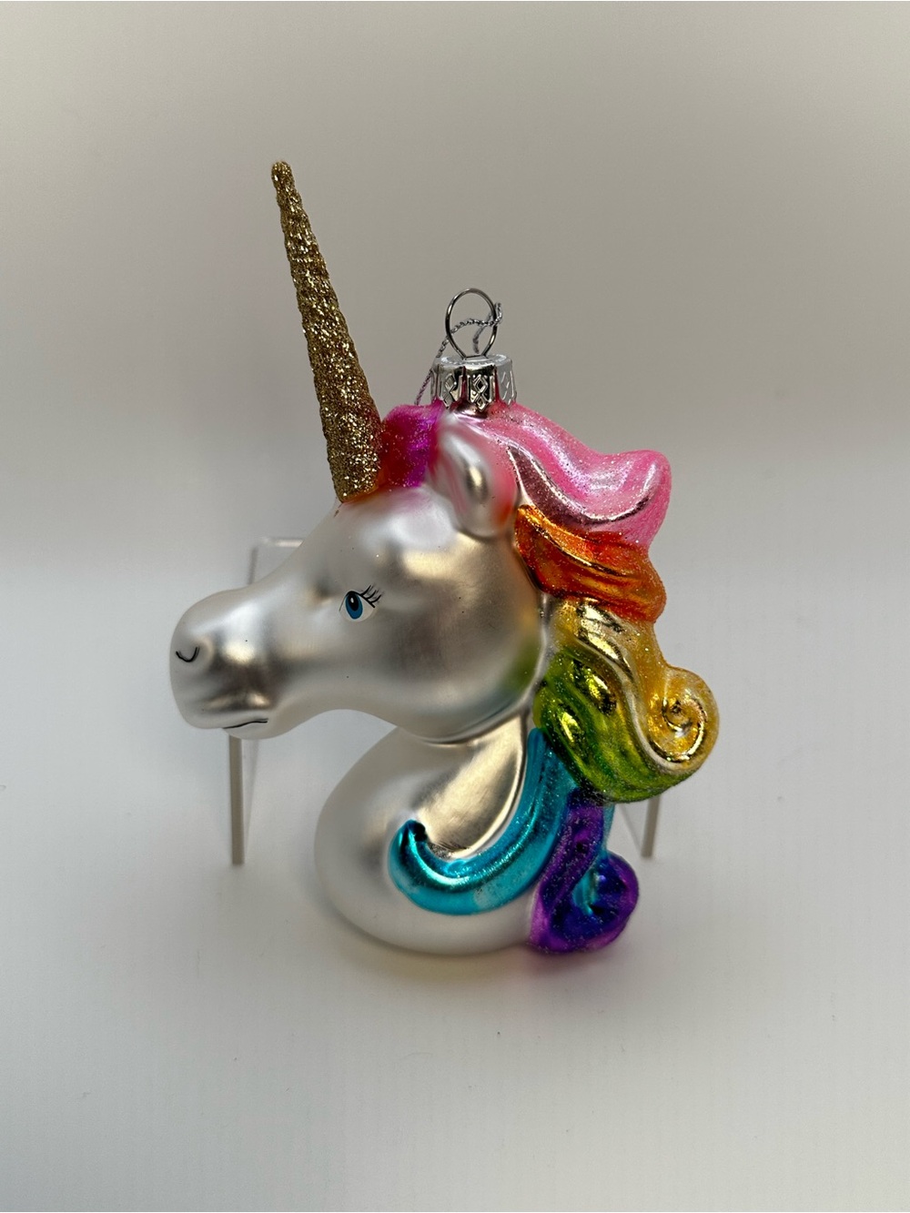 Silver Glitter Unicorn Christmas Ornament with Rainbow Mane